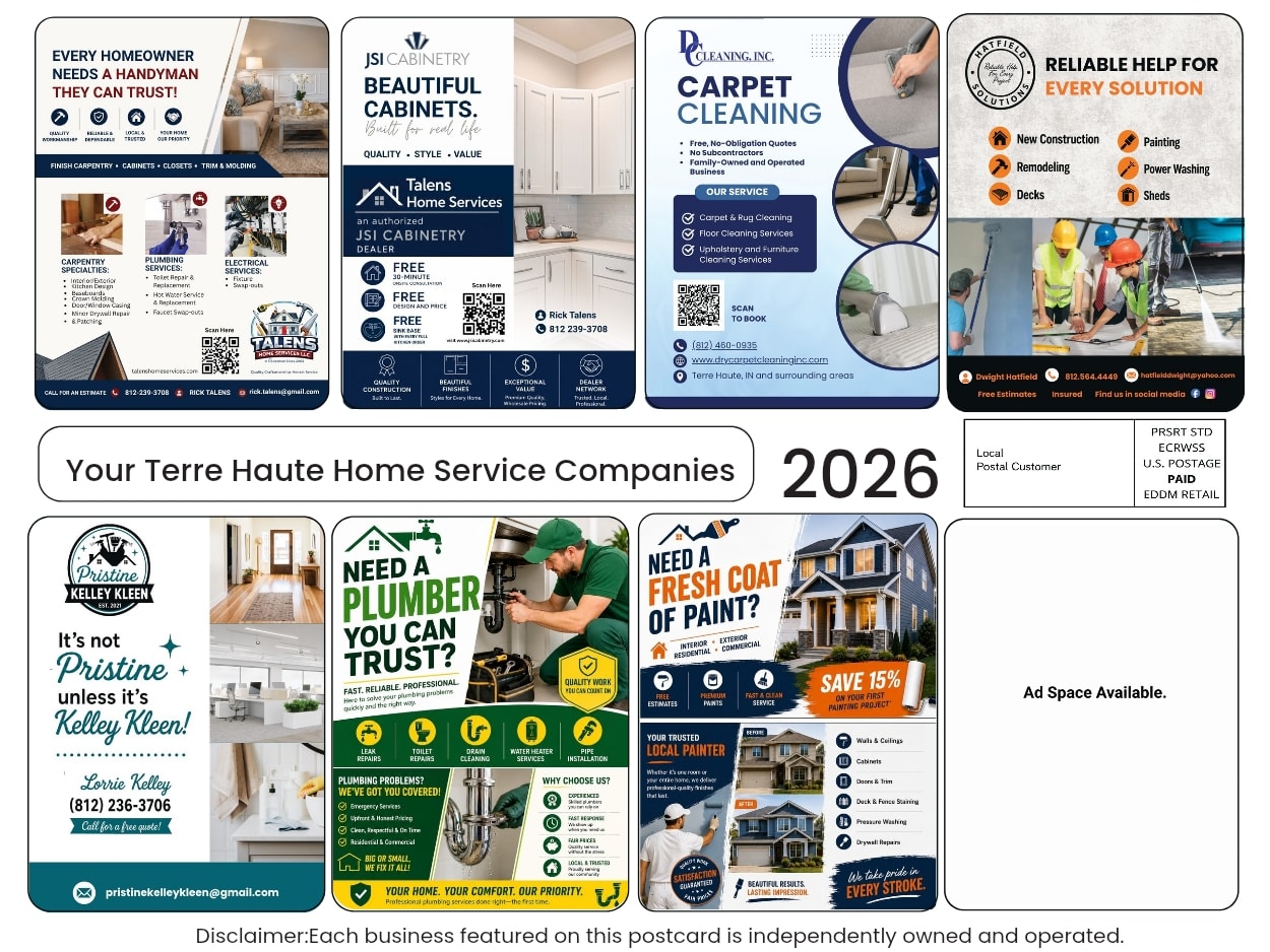 Shared 9x12 postcard mailer front — Terre Haute home service businesses, premium $400 ad spaces