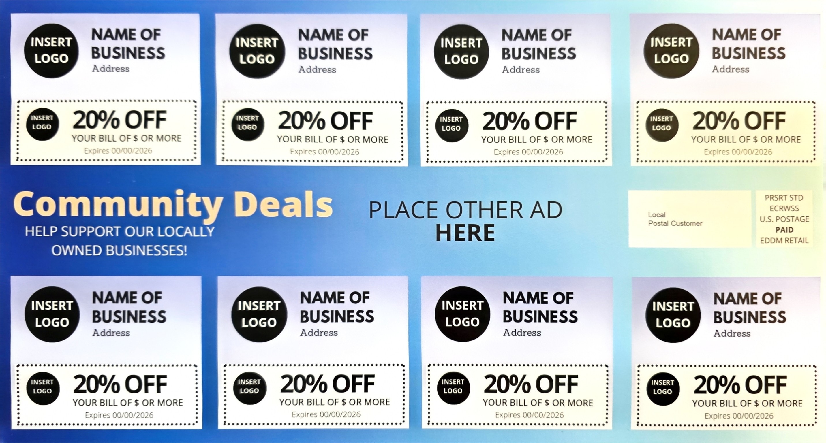 Community Deals shared mailer layout with local business offer spaces